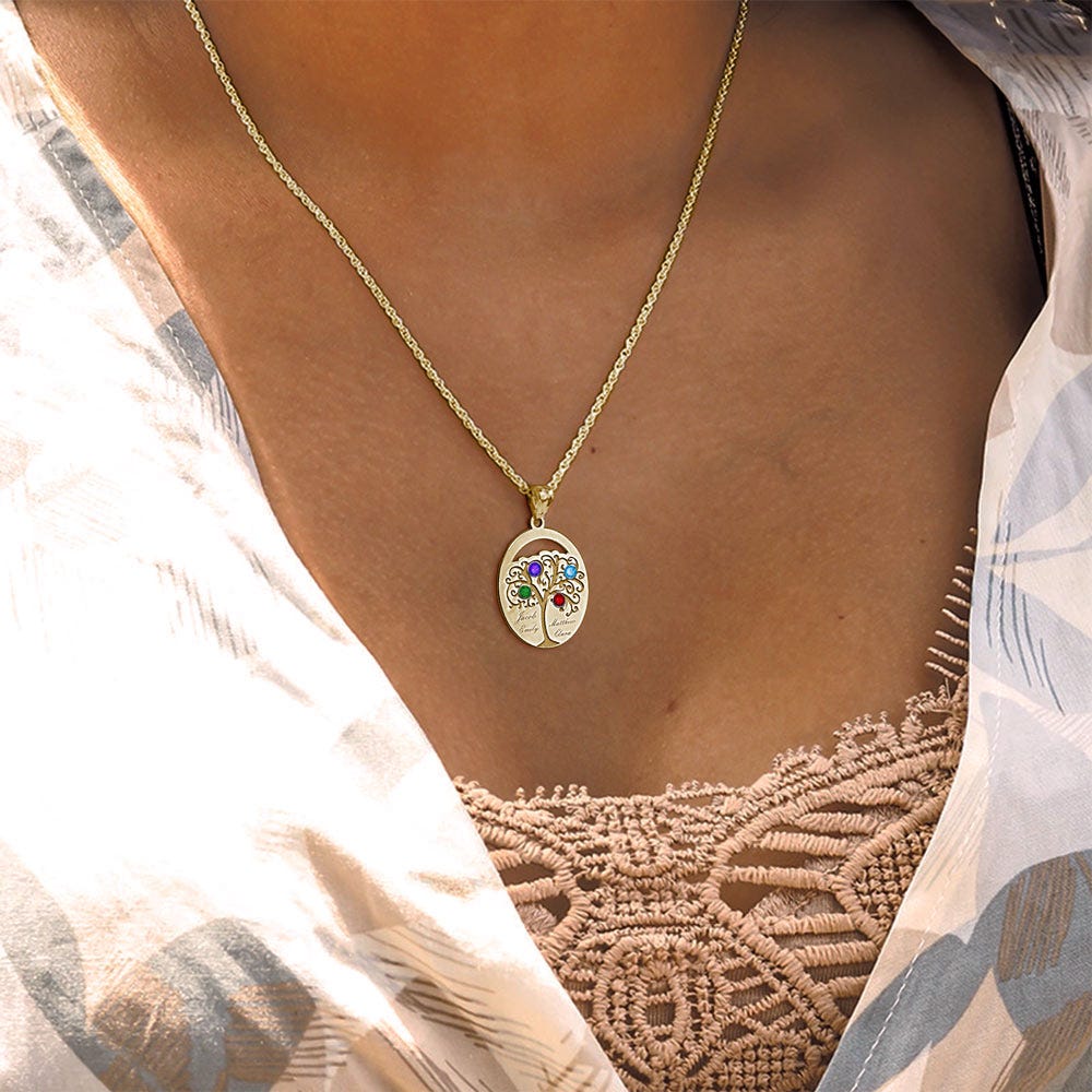 Personalized Family Tree Pendant with 4 Names and Birthstones- Includes 18 Inch Chain