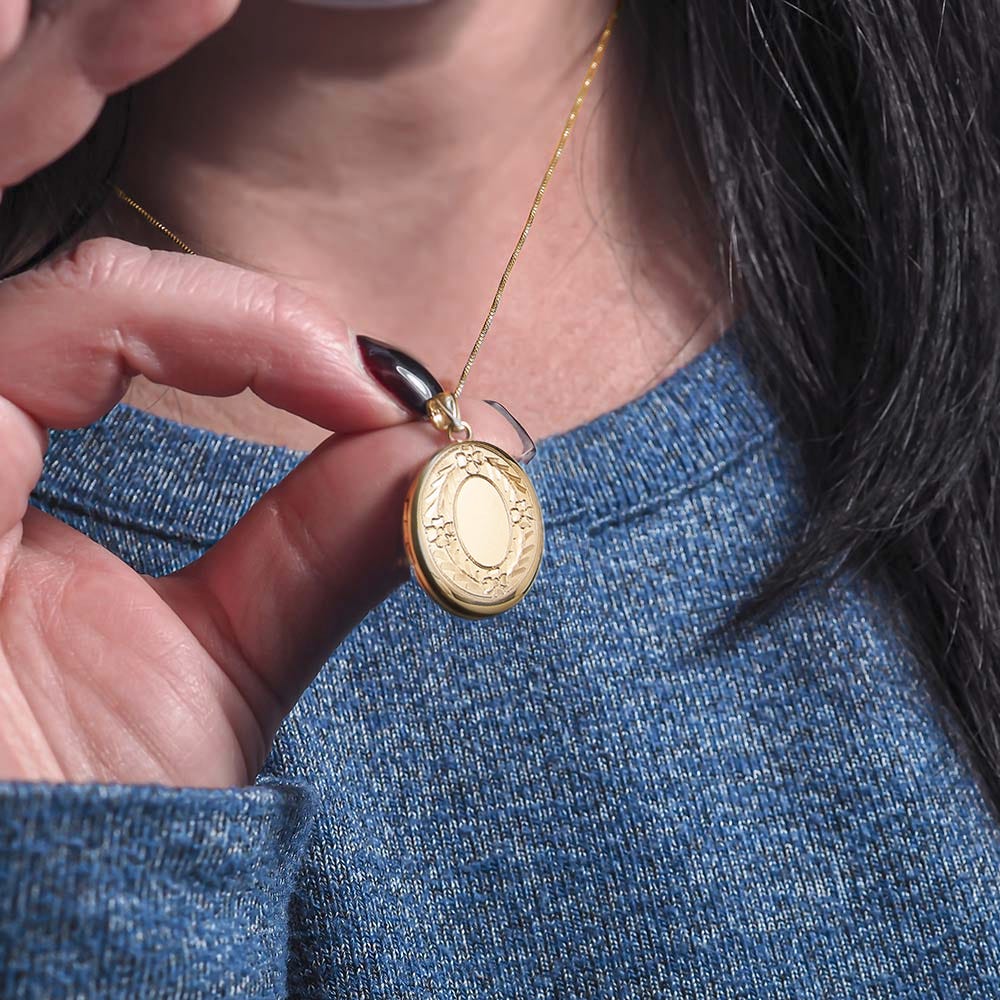 Solid 14K Yellow Gold Petite Oval Photo Locket with Floral Border