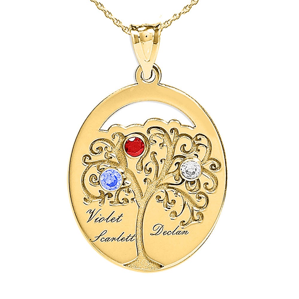 Personalized Family Tree Pendant with 3 Names and Birthstones- Includes 18 Inch Chain