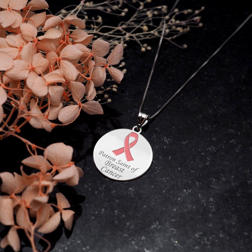 Saint Agatha Double Sided Patron Saint of  Breast Cancer Round Religious Medal w/ Pink Ribbon