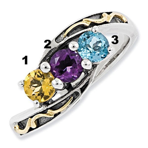 Sterling Silver & 14k Three-stone  Antiqued Mother's Ring
