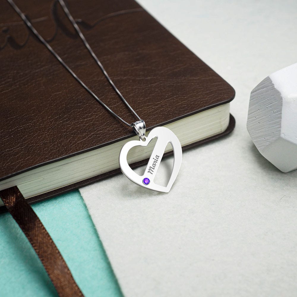 Personalized Heart Family Pendant With Birthstone & Name- Includes 18 Inch Chain
