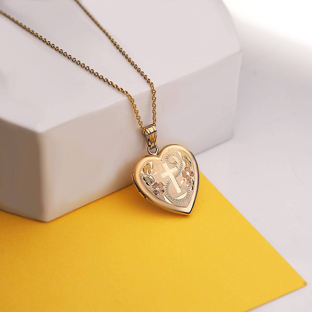 Yellow Gold Cross Heart Photo Locket