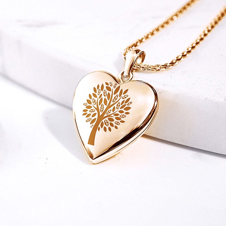 14k Yellow Gold Family Tree Heart Photo Locket