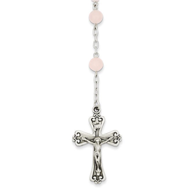 Sterling Silver Rose Quartz Rosary Necklace /with Heart Shaped Miraculous Medal