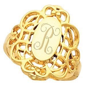 14K Gold Women's Oval Signet Ring with Filigree Design
