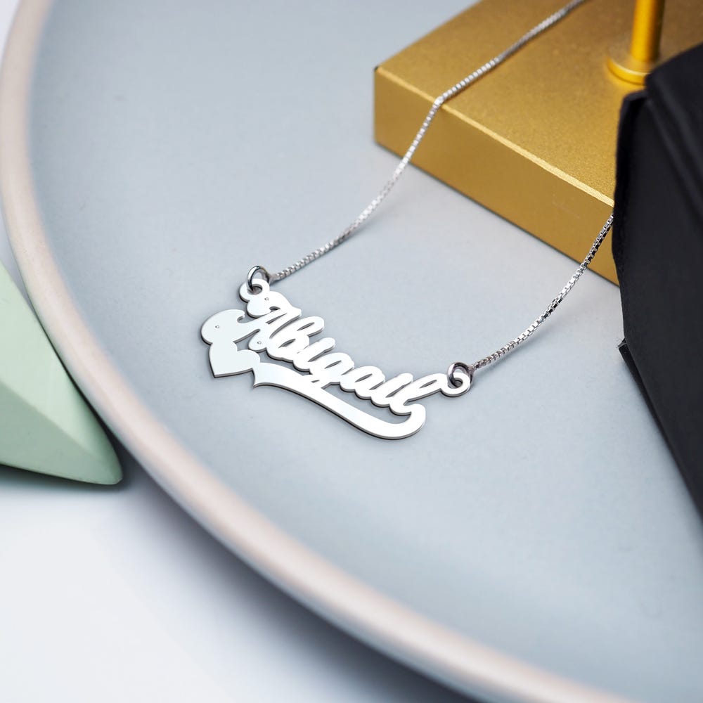 Modern Script Heart Name Necklace with 3 Cubic Zirconia Chain Included