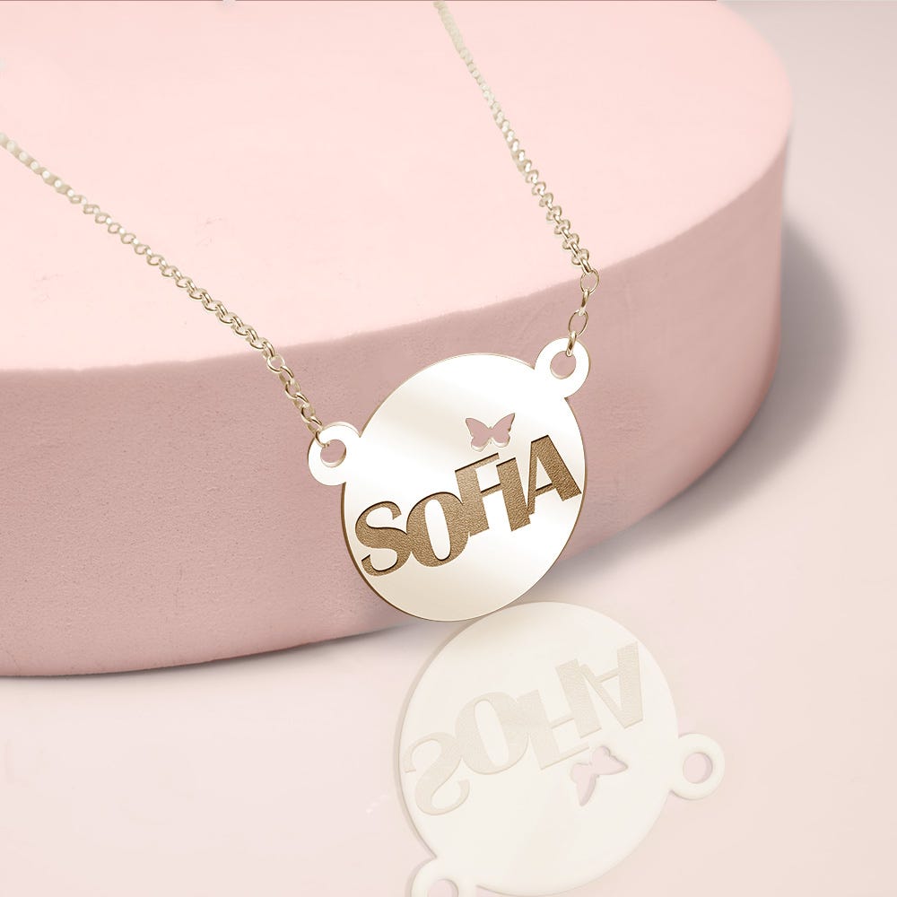 Modern Dianty Round Name Pendant w/ Butterfly Cut-Out