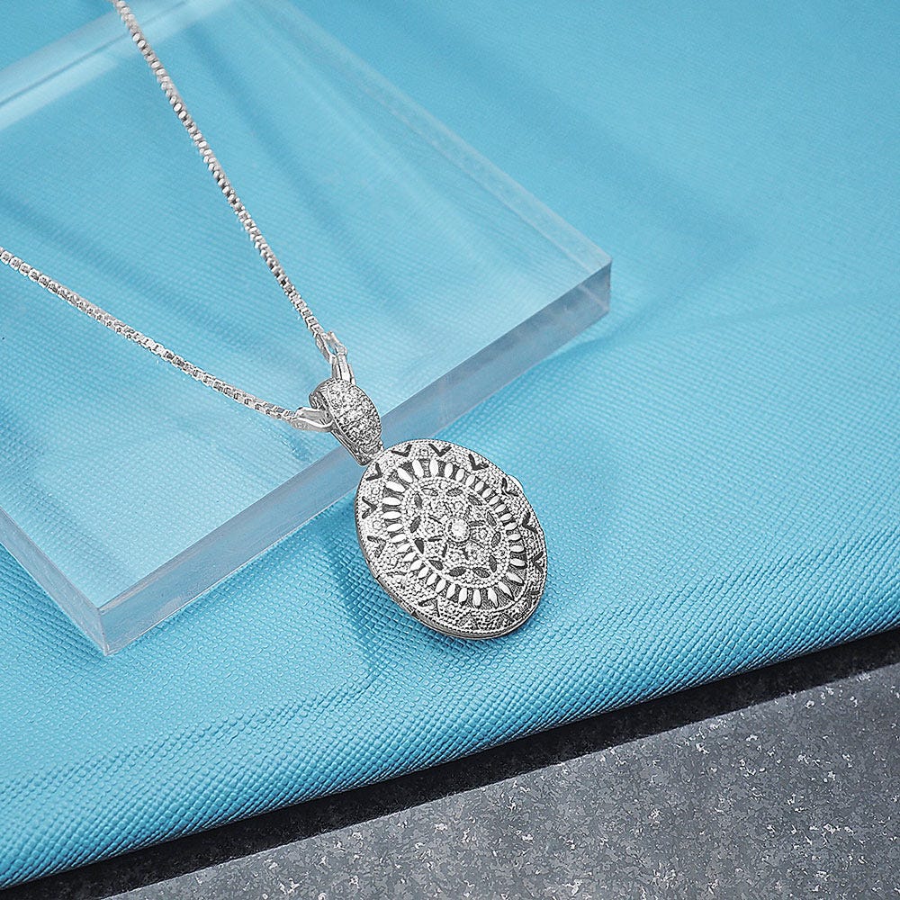 Sterling Silver Cubic Zirconia or CZ Oval Photo Locket