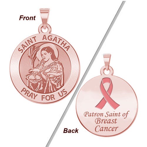 Saint Agatha Double Sided Patron Saint of  Breast Cancer Round Religious Medal w/ Pink Ribbon