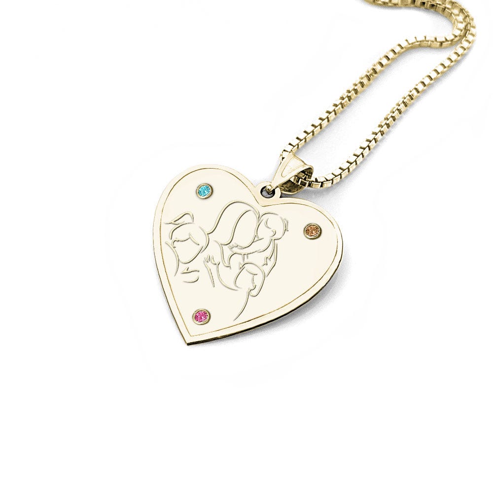 Mother with Son and 2 Daughters Heart Pendant with Birthstones