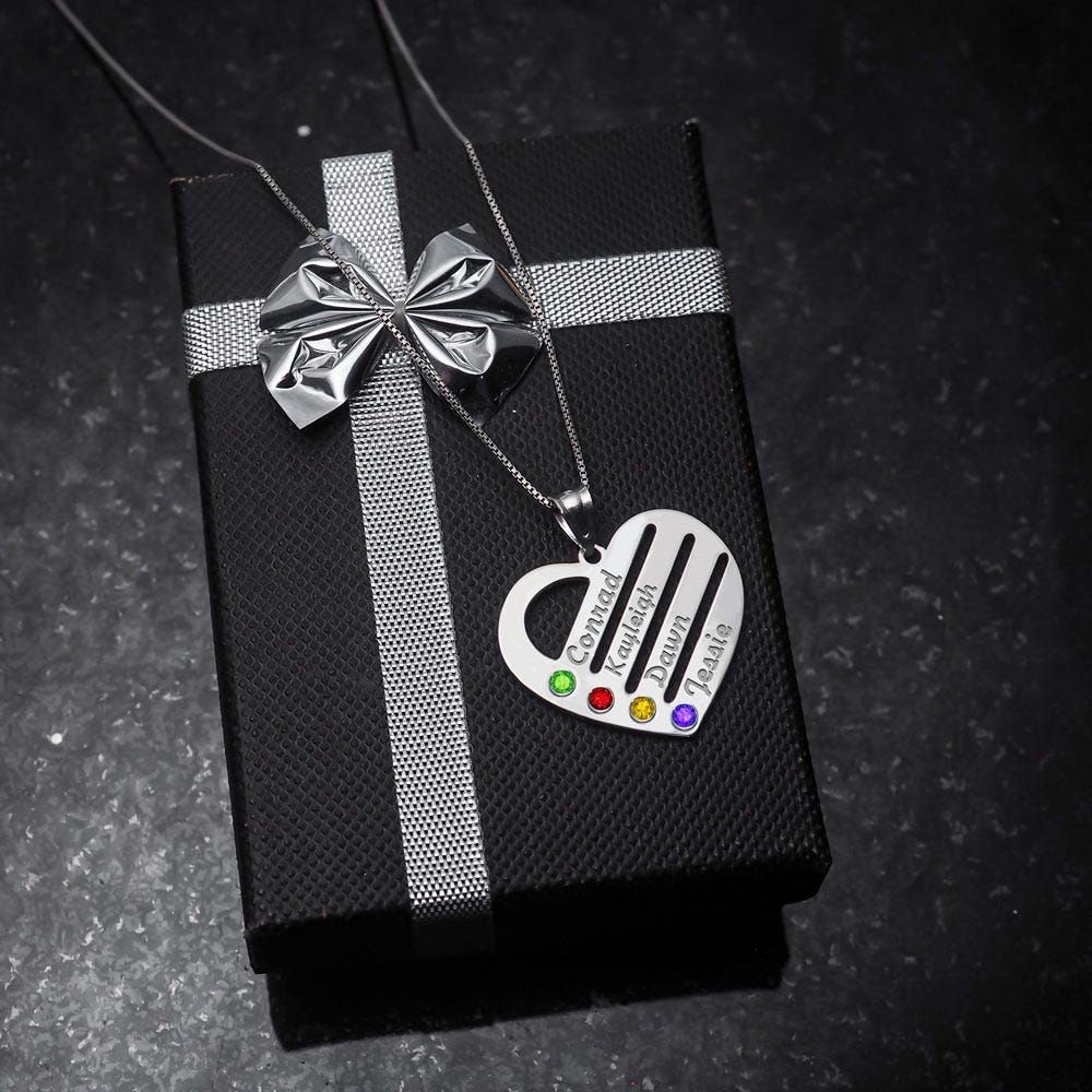 Personalized Heart Family Pendant With 4 Birthstones & Names - Includes 18 inch Chain