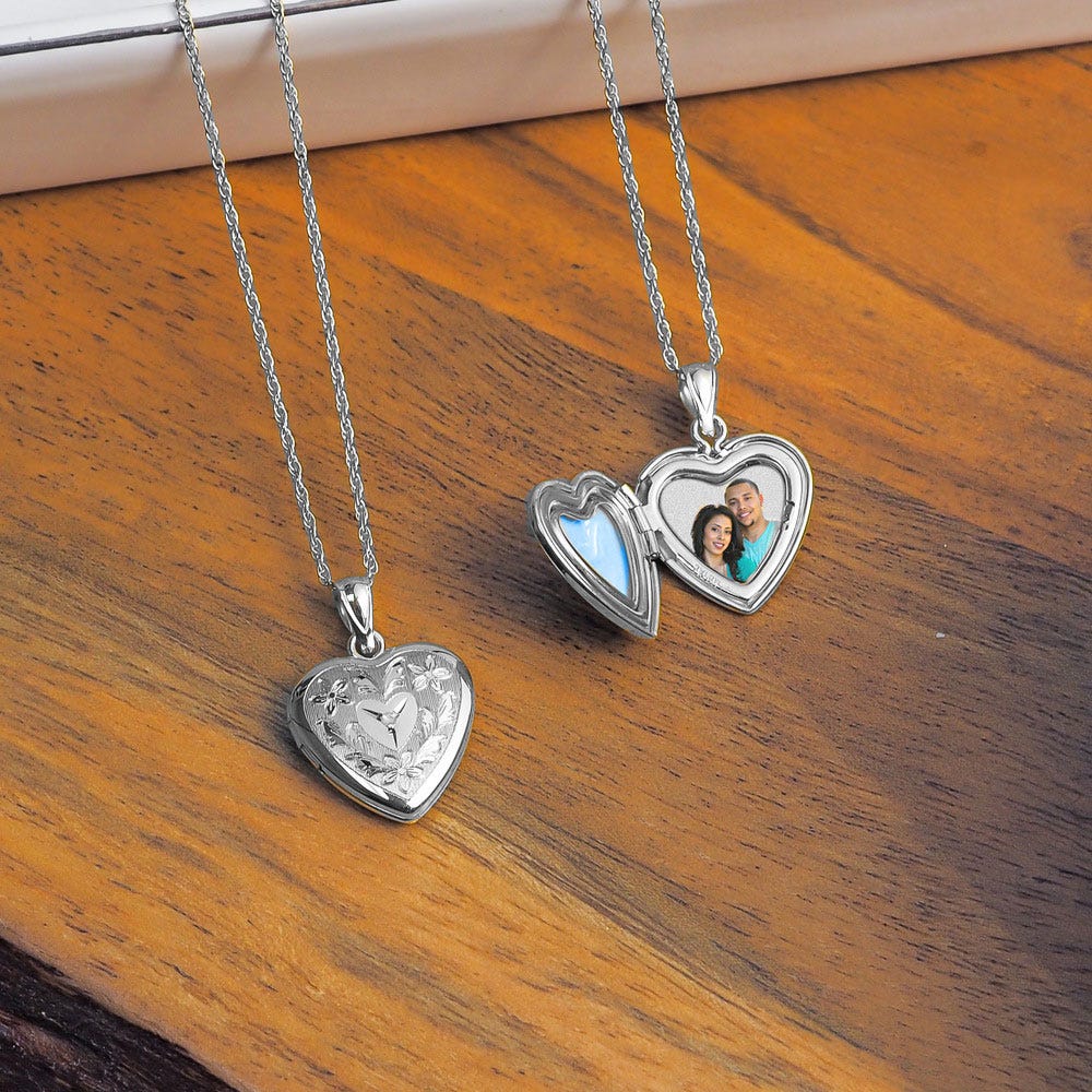 Sterling Silver Floral Heart Photo Locket with Diamond