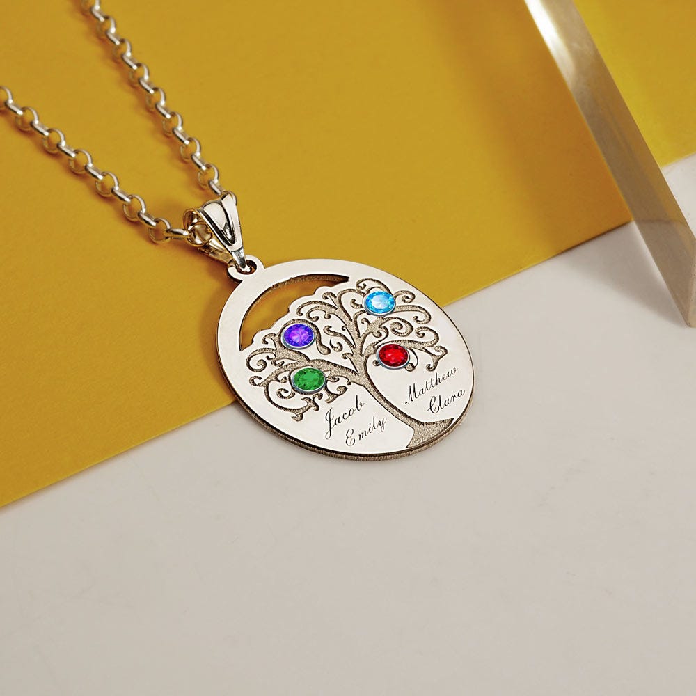 Personalized Family Tree Pendant with 4 Names and Birthstones- Includes 18 Inch Chain