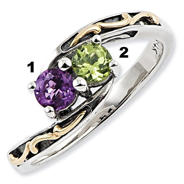 Sterling Silver & 14k Two-stone  Antiqued Mother's Ring