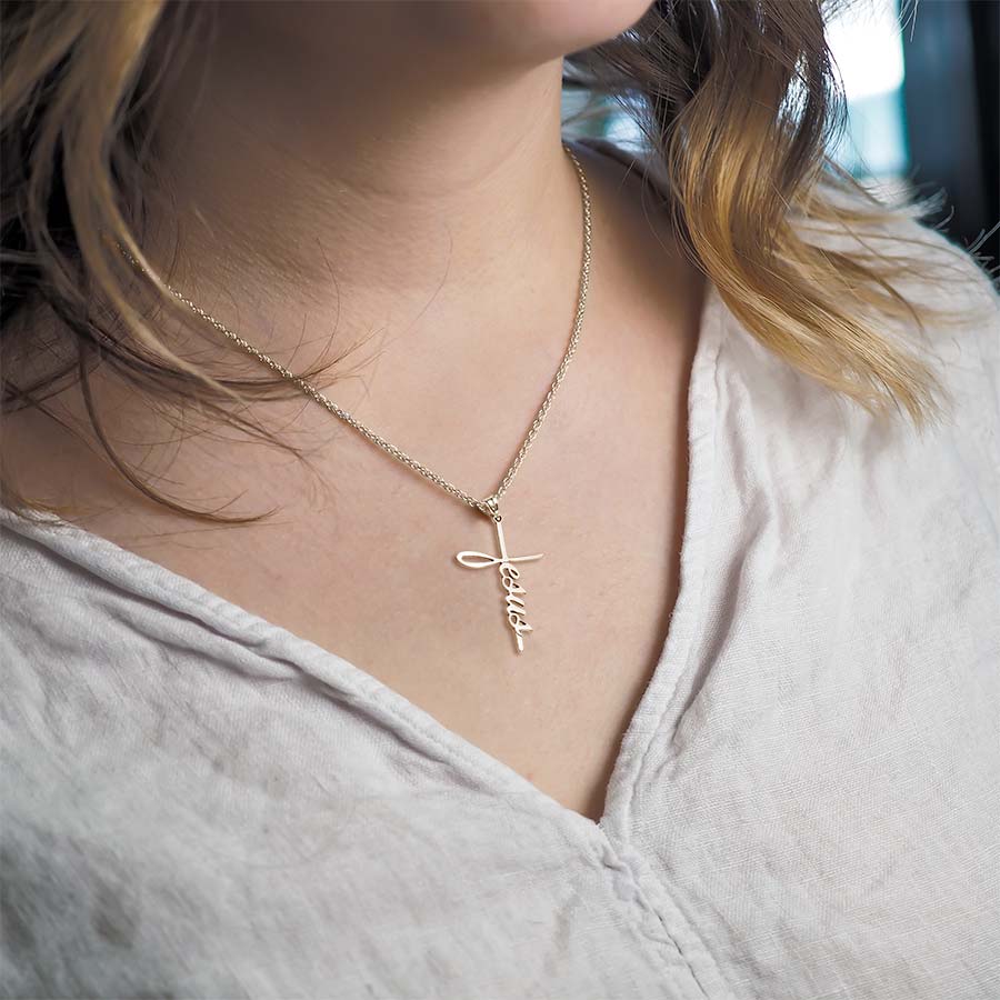 Cross Necklace with Script Jesus & 18 Inch Chain