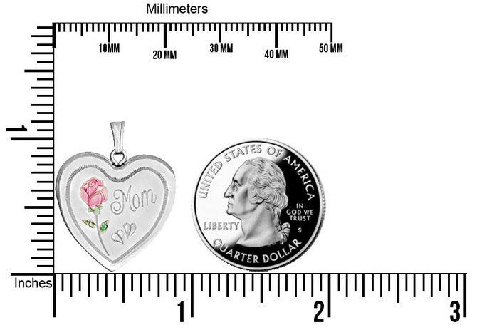 Sterling Silver Mom with Enamel Flower Heart Photo Locket - 1 inch x 1 inch