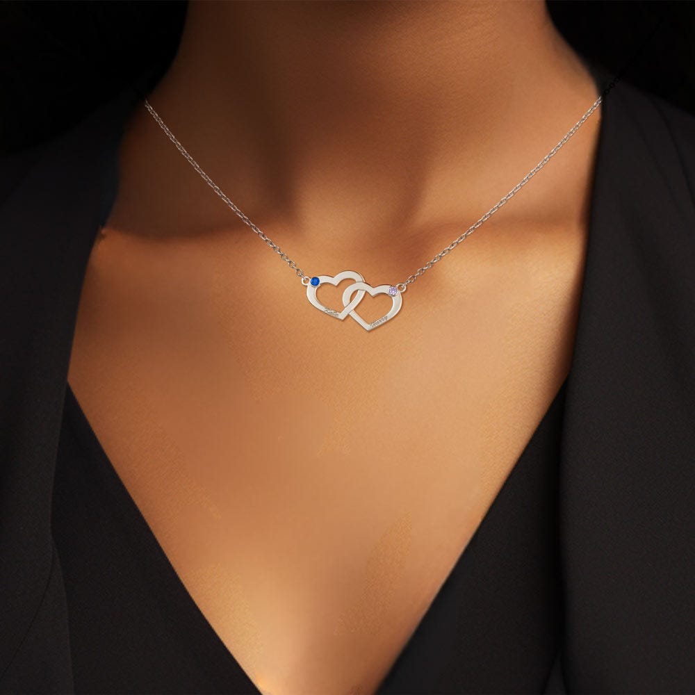 Interlocking Heart Necklace with Two Birthstones & Two Names