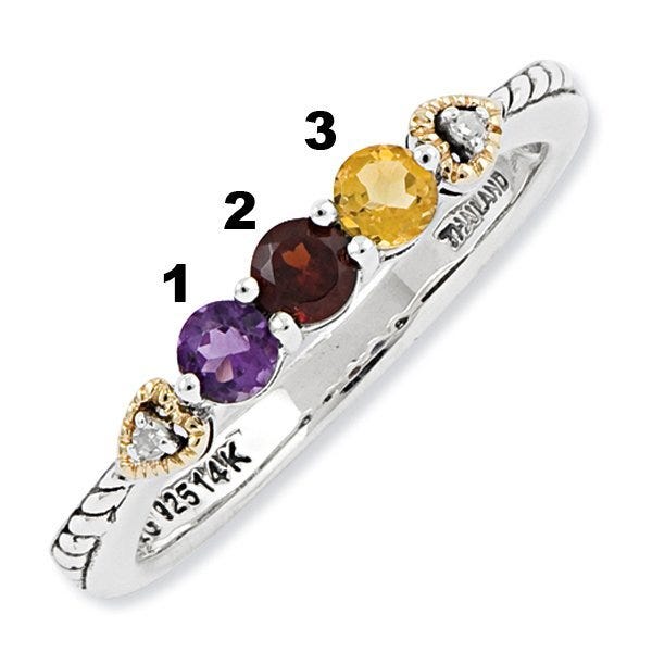 Sterling Silver & 14k Three-stone and Diamond Mother's Ring