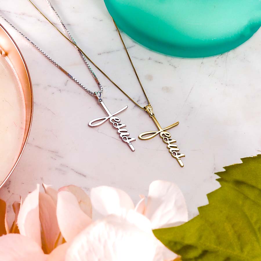 Cross Necklace with Script Jesus & 18 Inch Chain