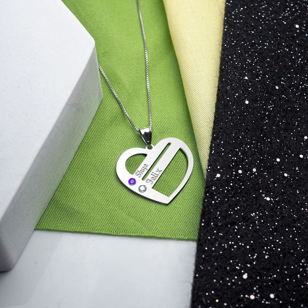 Personalized Heart Family Pendant with 2 Birthstones & Names- Includes 18 Inch Chain