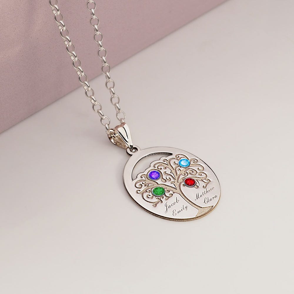 Personalized Family Tree Pendant with 4 Names and Birthstones- Includes 18 Inch Chain