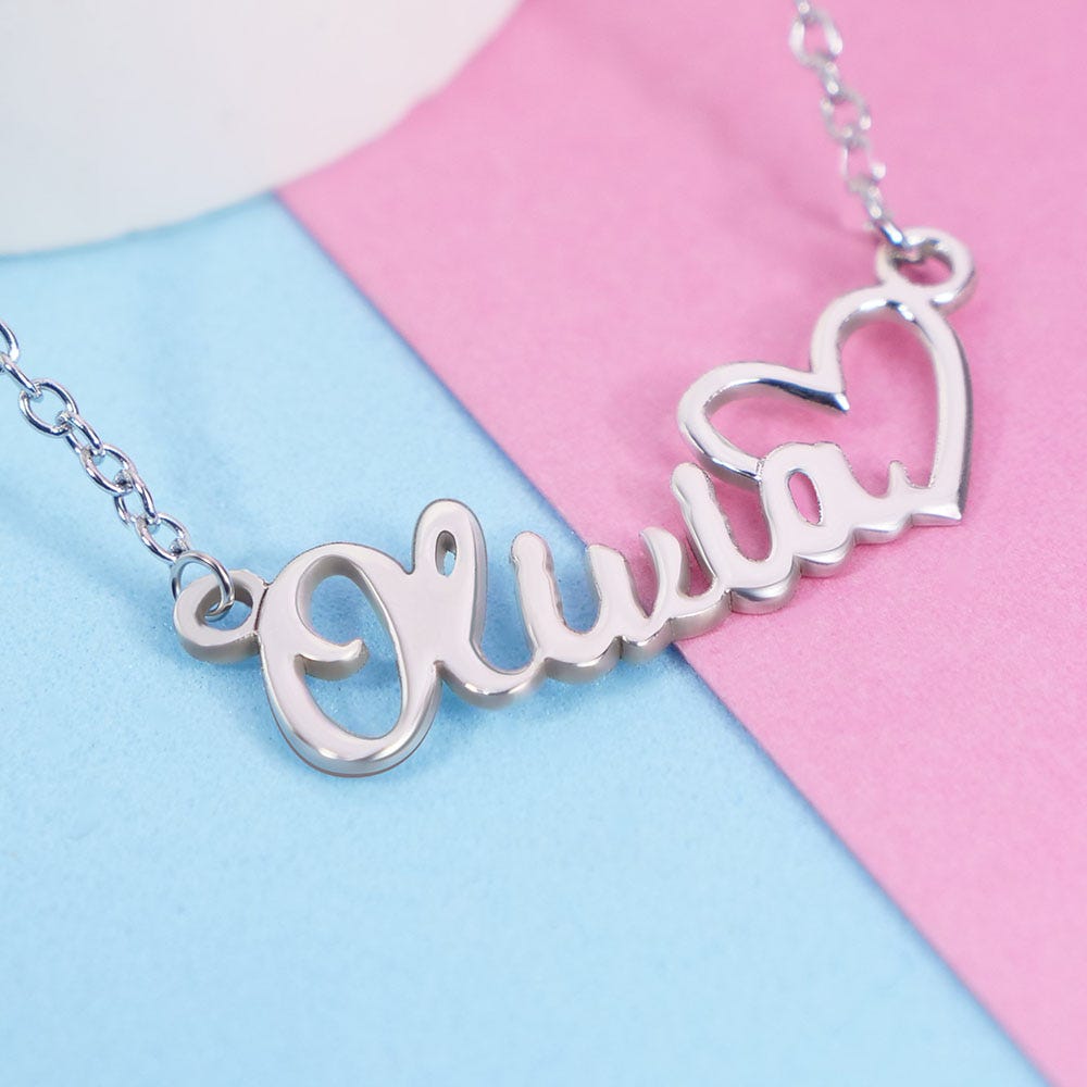 Personalized Script Name Necklace with Open Heart - Chain Included