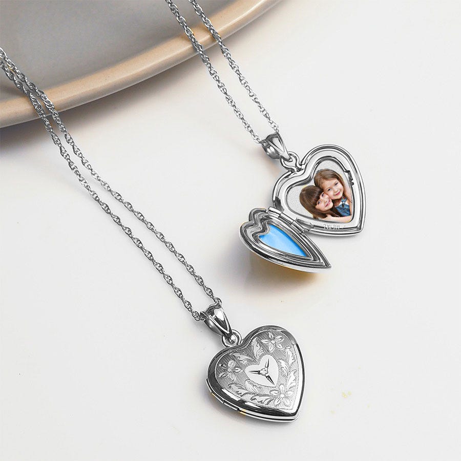 Sterling Silver Floral Heart Photo Locket with Diamond