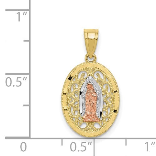 10K Tri-Color Gold Our Lady Of Guadalupe Milgrain Oval Cut-out Religious Medal