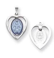Sterling Silver Heart Shaped Cut-Out Miraculous Religious Medal Pendant w/ Epoxy Resin