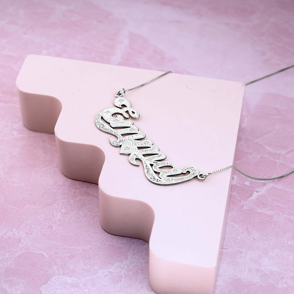 Diamond Cut Script Name Necklace with Cubic Zirconia - Chain Included