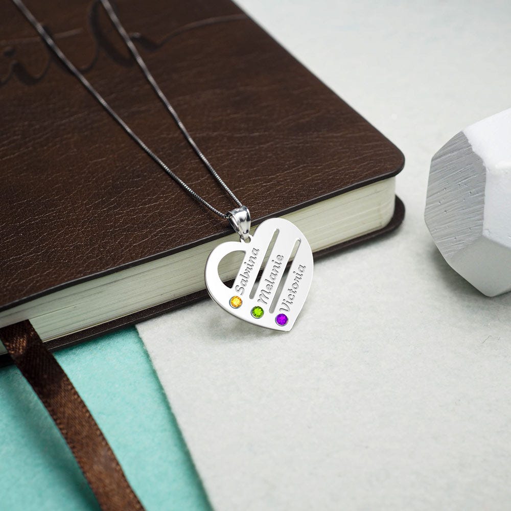 Personalized Heart Family Pendant with 3 Birthstones & Names Includes 18 Inch Chain