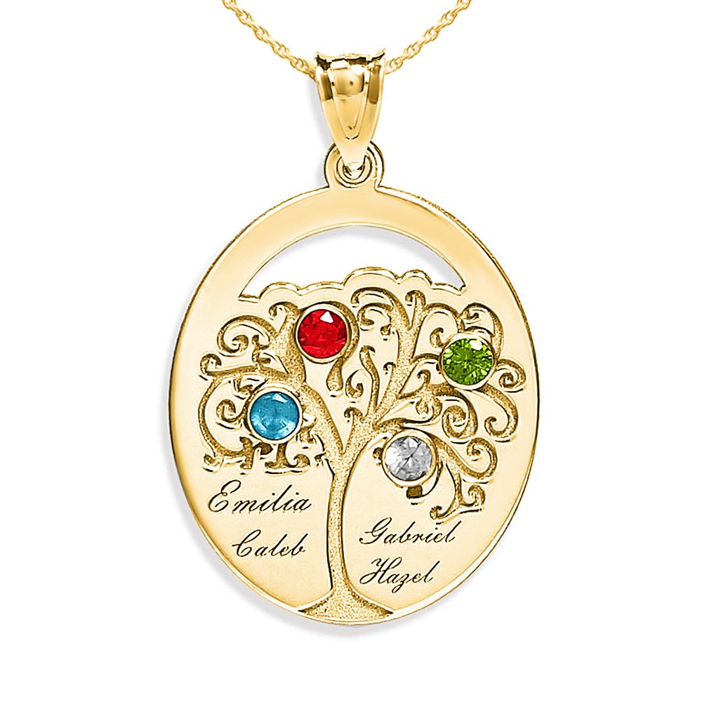 Personalized Family Tree Pendant with 4 Names and Birthstones- Includes 18 Inch Chain