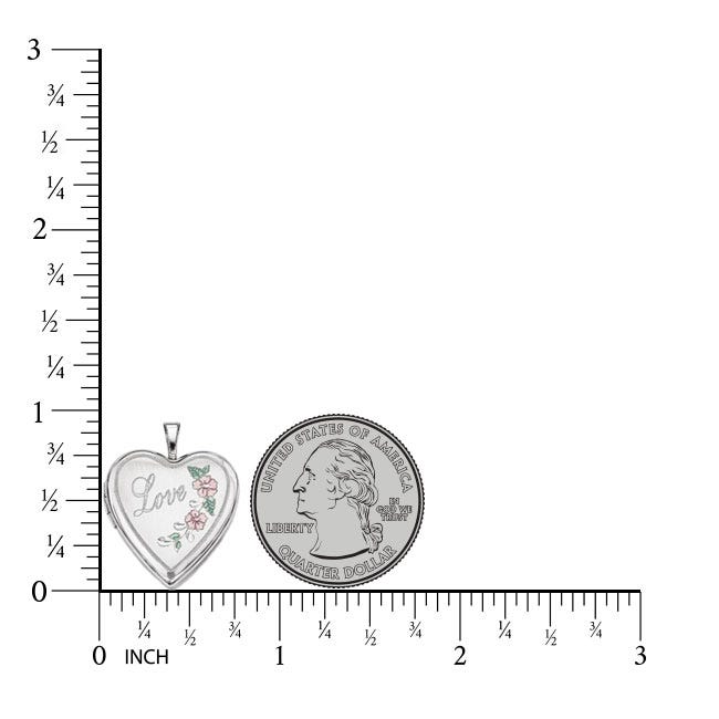 Sterling Silver Love with Pink and Green Enamel Heart Photo Locket - 3/4 inch x 3/4 inch
