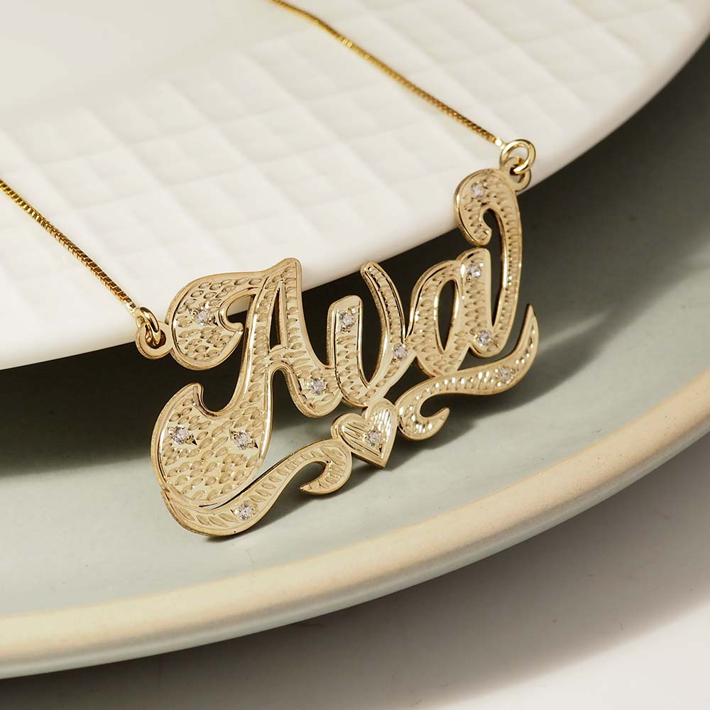 Diamond Cut Script Name Necklace with Cubic Zirconia - Chain Included