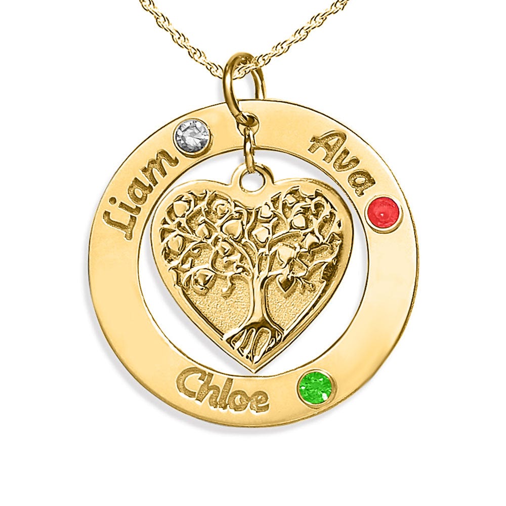 Personalized Round Family Tree Pendant with Three Birthstones & Names- Includes 18 Inch Chain
