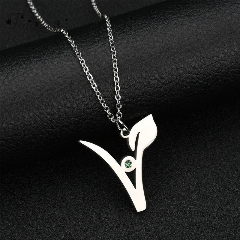 "V" Vegan Necklace with Emerald & 18 Inch Chain