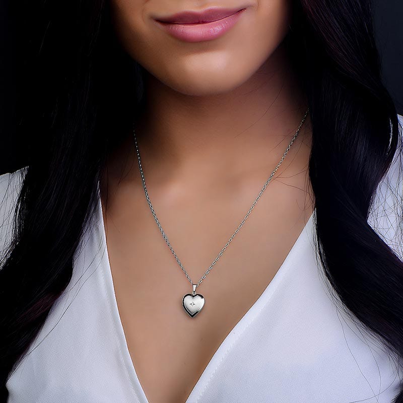 14k White Gold Small Heart Photo Locket with Diamond