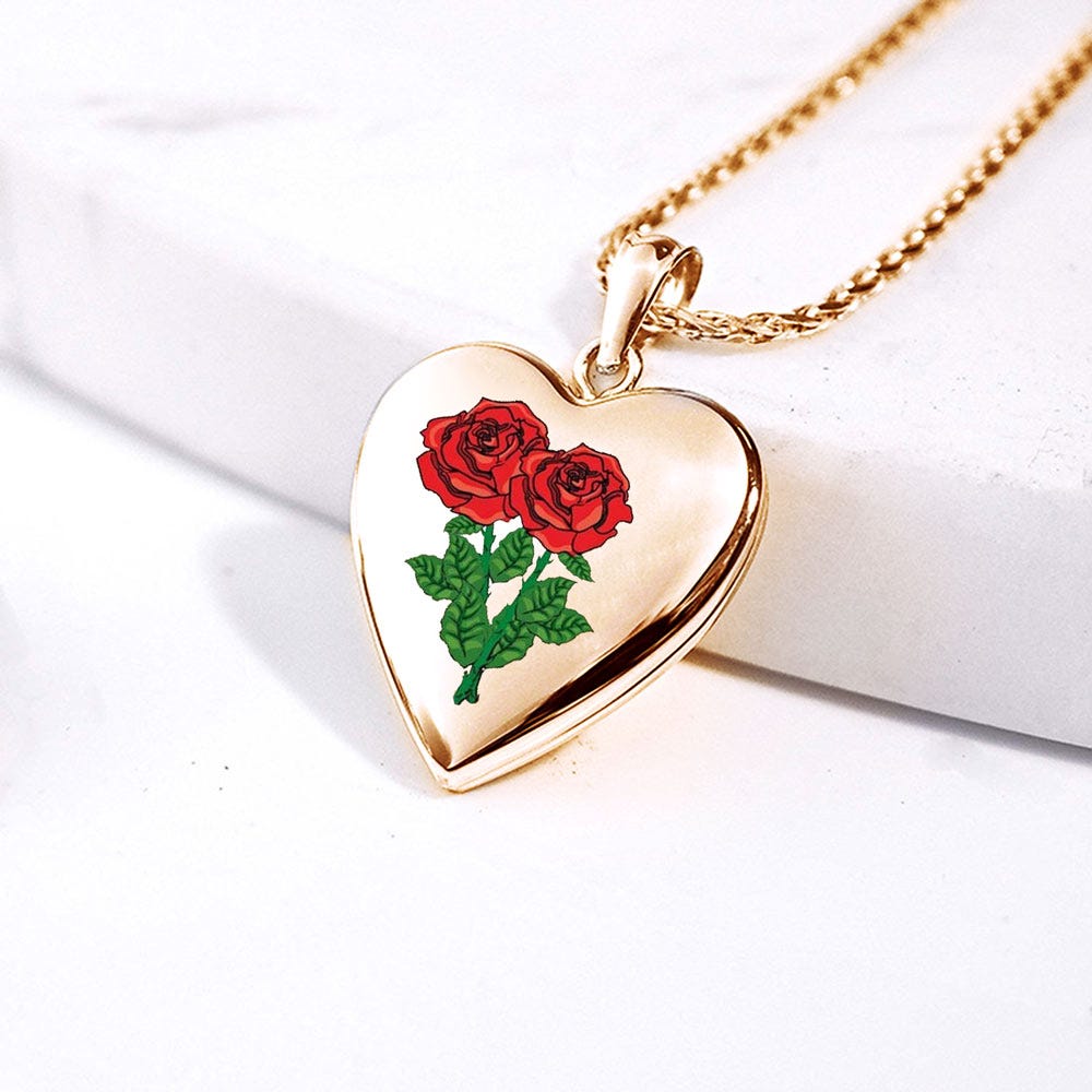 Solid 14K Yellow Gold Double Rose Heart Photo Locket