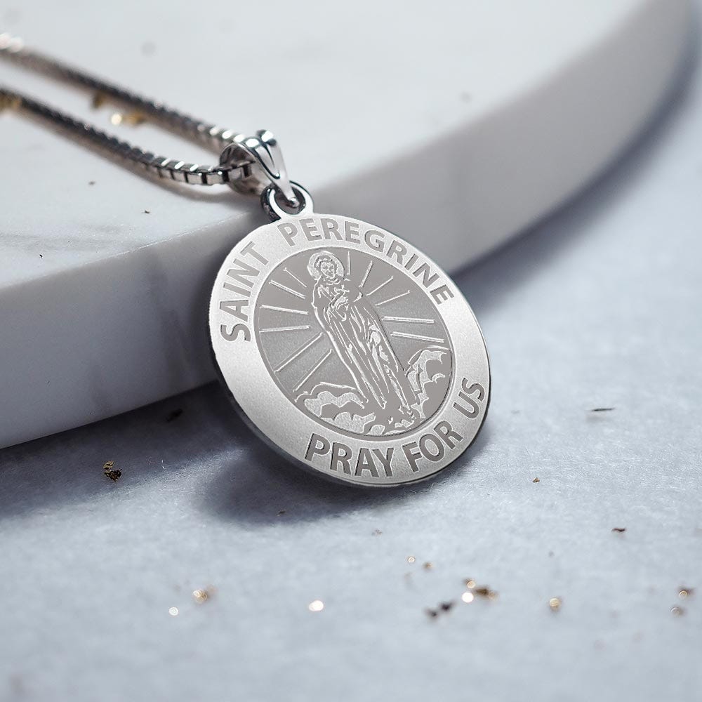 Saint Peregrine Double Sided Patron Saint of Cancer Round Religious Medal w/ Color Ribbon