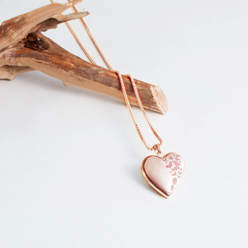 Rose Gold Plated "Butterflies" Heart Photo Locket
