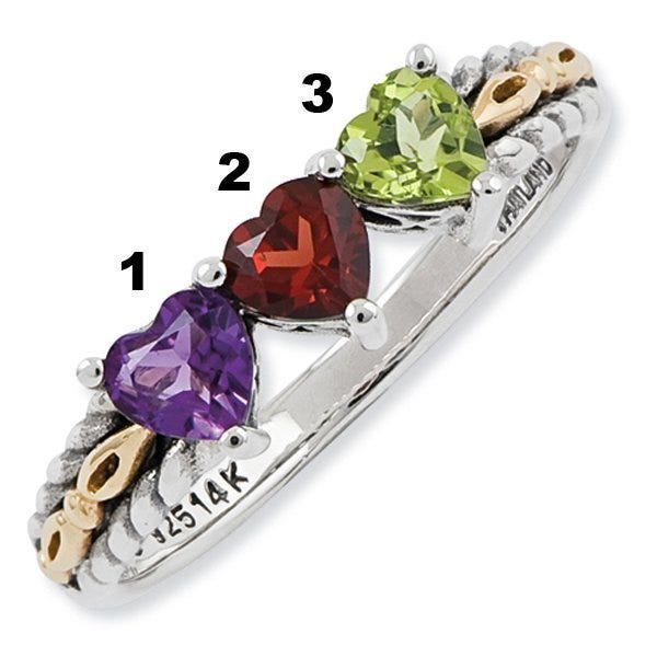 Sterling Silver & 14k Gold Antiqued Mothers Ring w/ Three Heart Stones