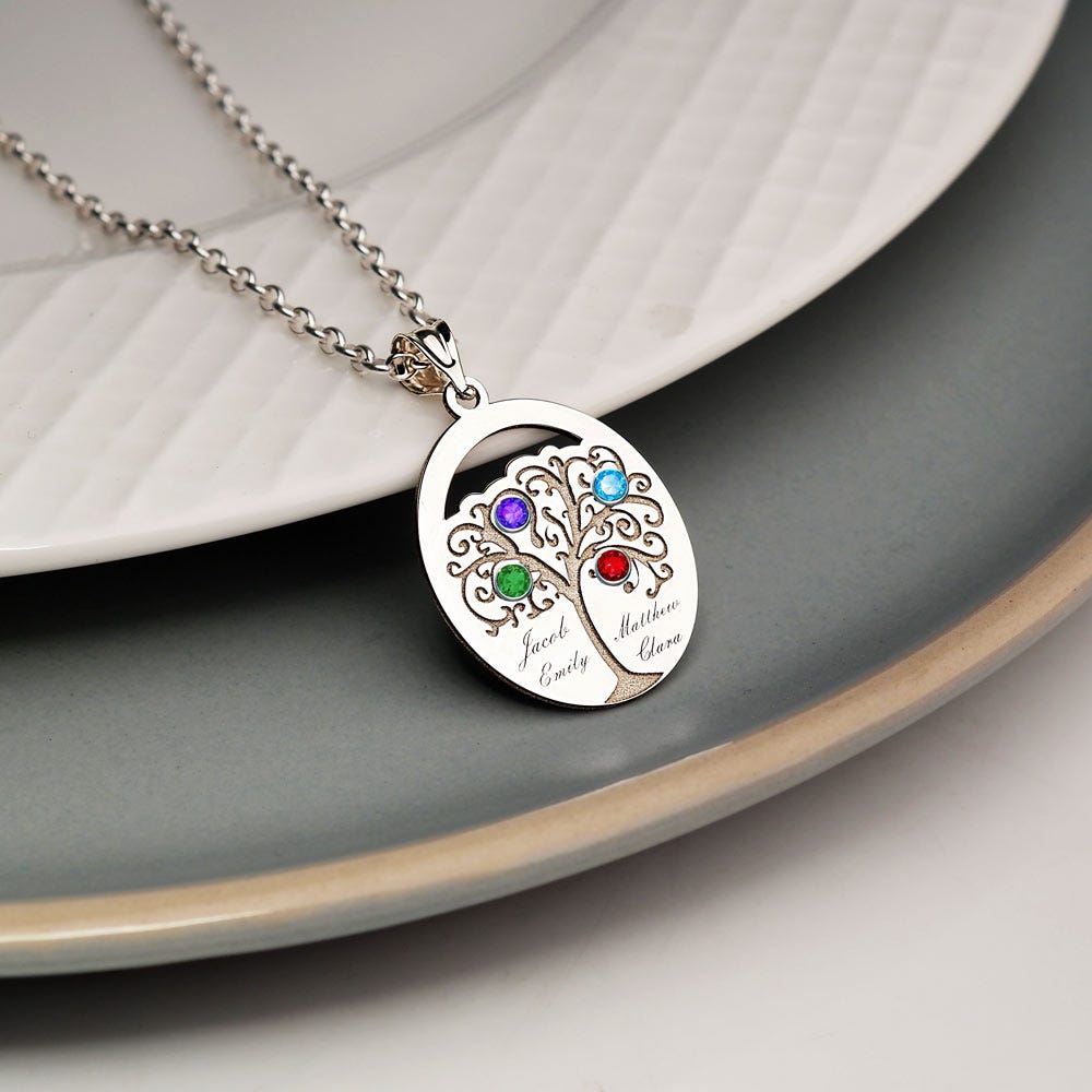 Personalized Family Tree Pendant with 4 Names and Birthstones- Includes 18 Inch Chain