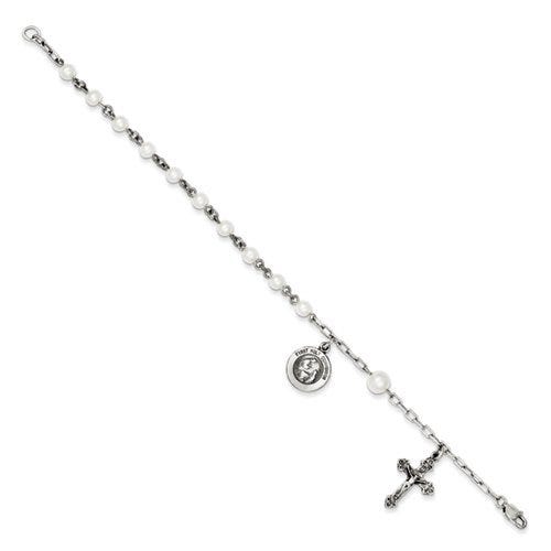 Sterling Silver  Cultured Pearl Rosary Bracelet /with First Holy Communion Medal - 7 Inch Sterling Silver Rosary Bracelet