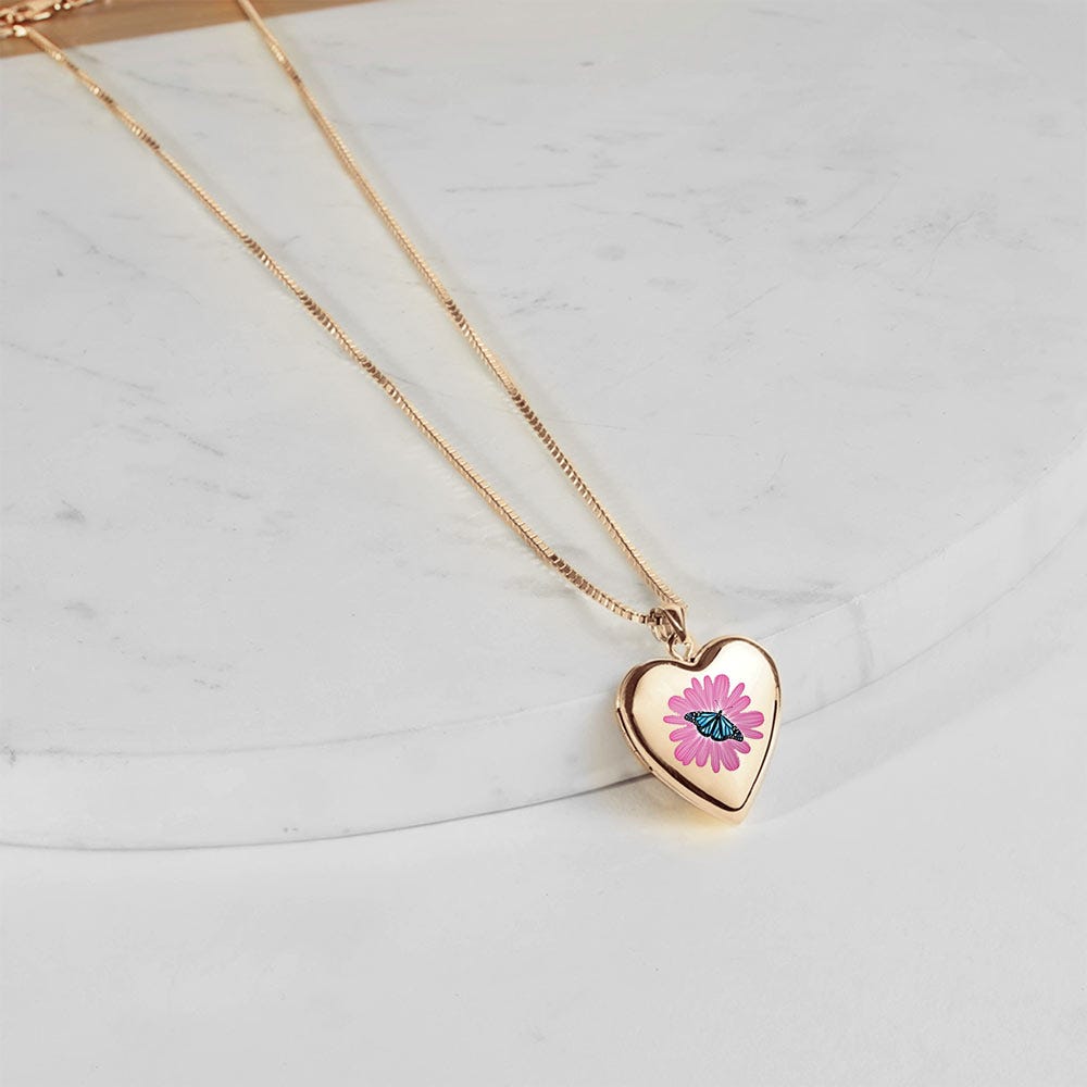 14K Gold Filled Flower Butterfly Heart Photo Locket