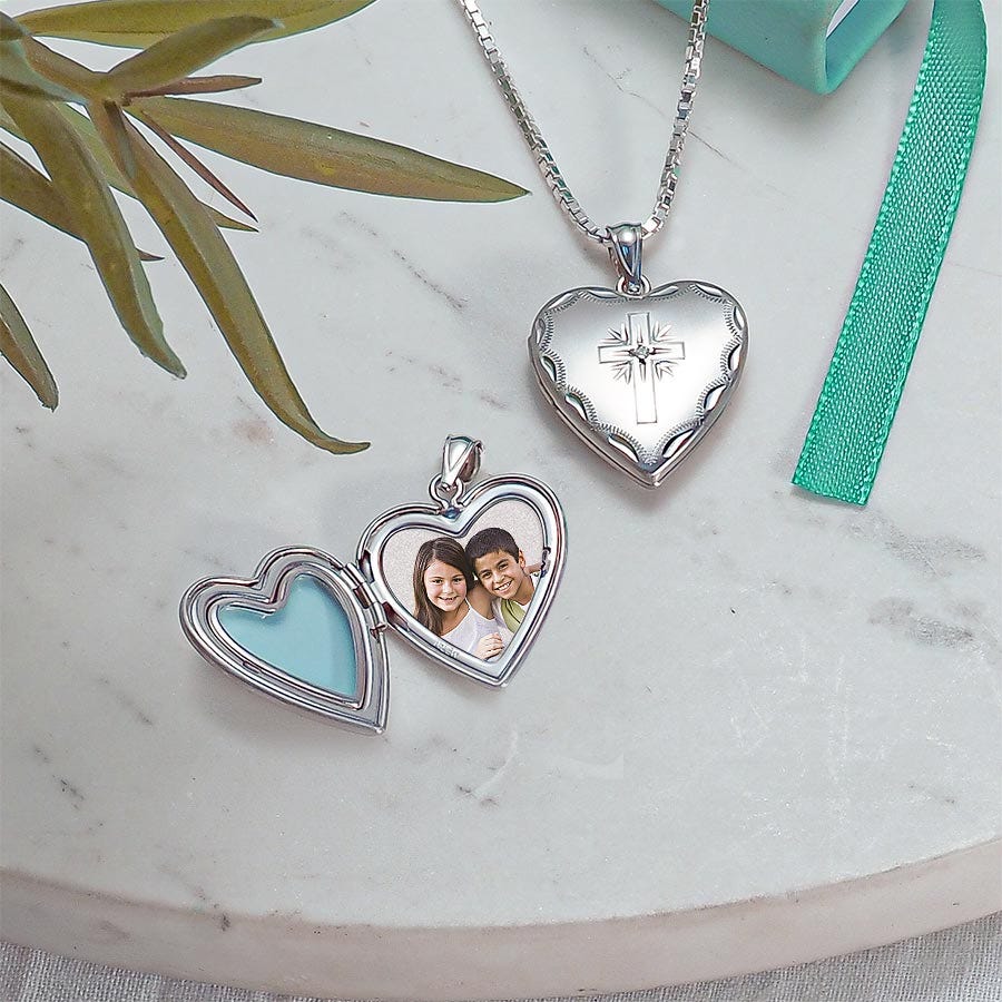 14k White Gold Cross Heart Photo Locket with Diamond