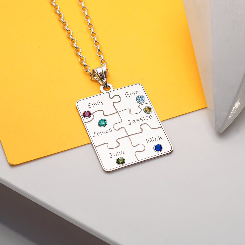 Personalized Family Six Piece Jigsaw Puzzle Pendant- Includes 18 Inch Chain