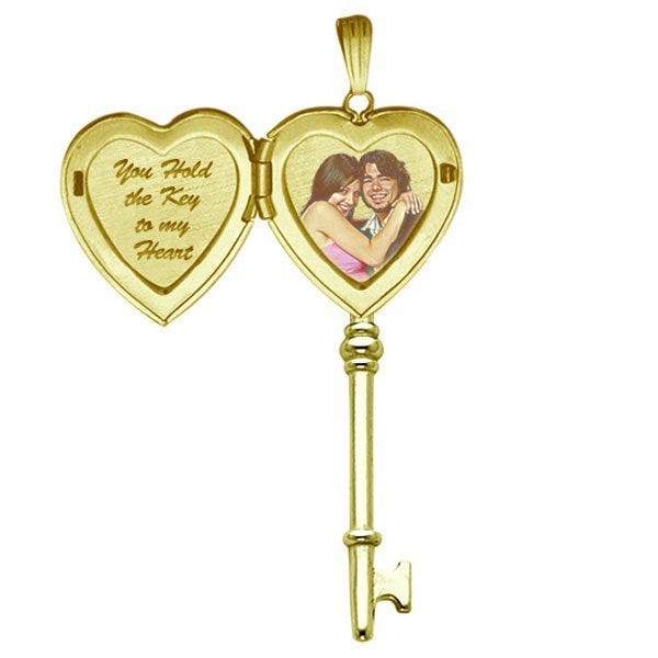 Solid 14K Yellow Gold Small Key Heart Photo Locket
