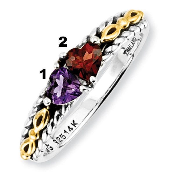 Sterling Silver & 14k Gold Antiqued Mother's Ring w/ Two Heart Stones