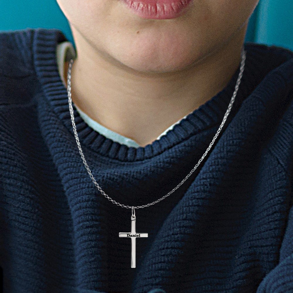 Unisex Personalized Cross Necklace Engraved Pendant w/ 18 Inch Chain